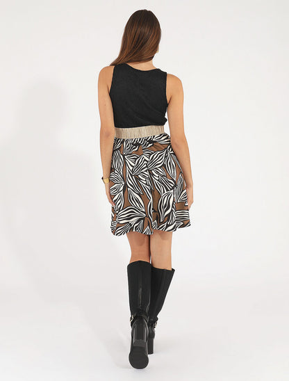 Robe courte évasée imprimé feuilles et dentelle - Marron - 5