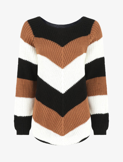 Pull droit rayé col rond - Camel - 1
