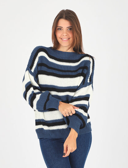 Pull loose à rayures - Bleu - 4