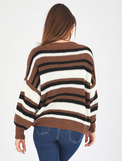 Pull loose à rayures - Marron - 5
