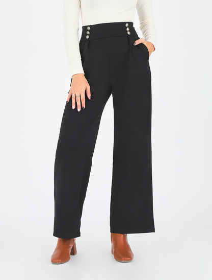 Pantalon ample taille haute à boutons - Noir - 4
