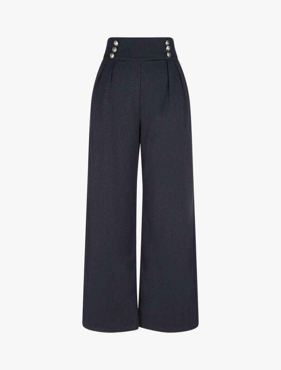 Pantalon ample taille haute à boutons - Marine - 4