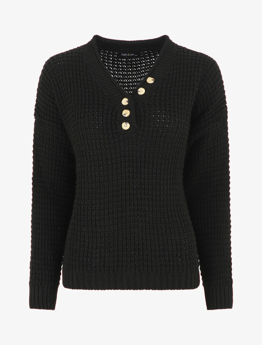 Pull droit uni col V boutonné - Noir - 4