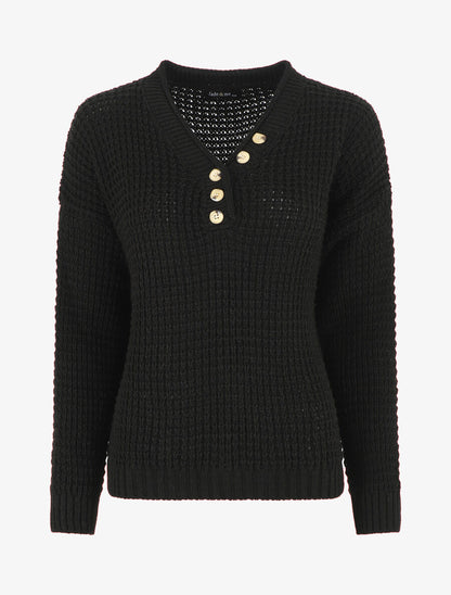 Pull droit uni col V boutonné - Noir - 4