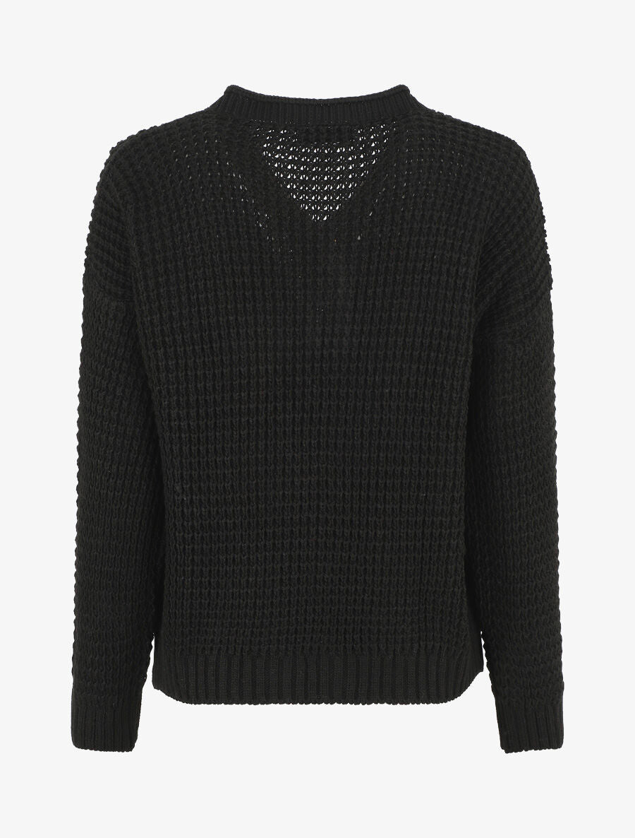 Pull droit uni col V boutonné - Noir - 2