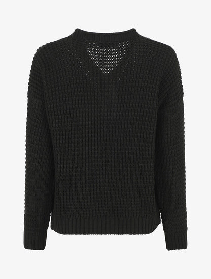Pull droit uni col V boutonné - Noir - 2