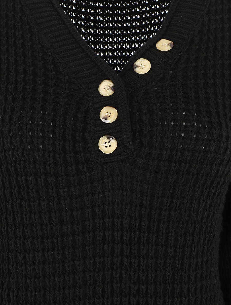 Pull droit uni col V boutonné - Noir - 3