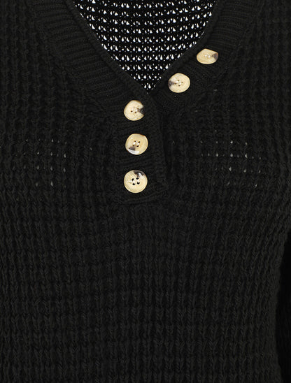 Pull droit uni col V boutonné - Noir - 3