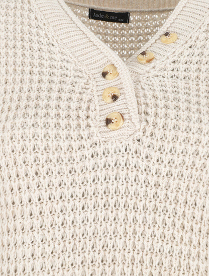 Pull droit uni col V boutonné - Beige - 3