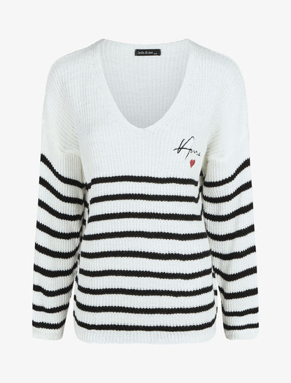 Pull marinière droit motif coeur - Noir - 4