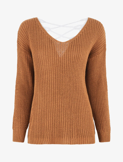 Pull droit col V dos en crochet - Camel - 7