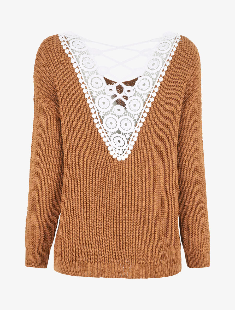 Pull droit col V dos en crochet - Camel - 5