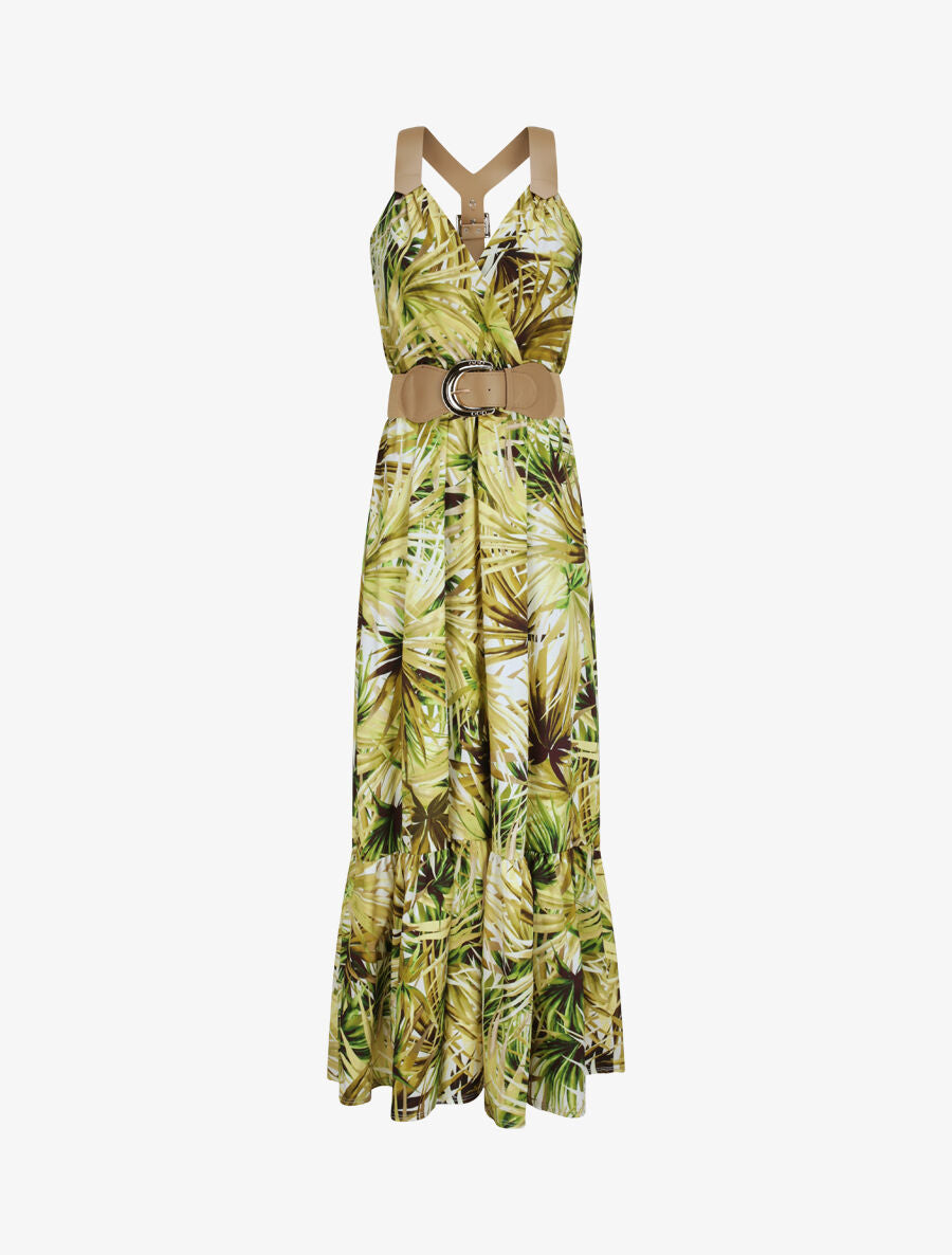 Robe longue coupe patineuse imprimé feuilles tropicales à bretelles en simili - Blanc - 1