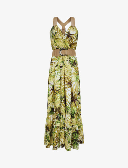 Robe longue coupe patineuse imprimé feuilles tropicales à bretelles en simili - Blanc - 1