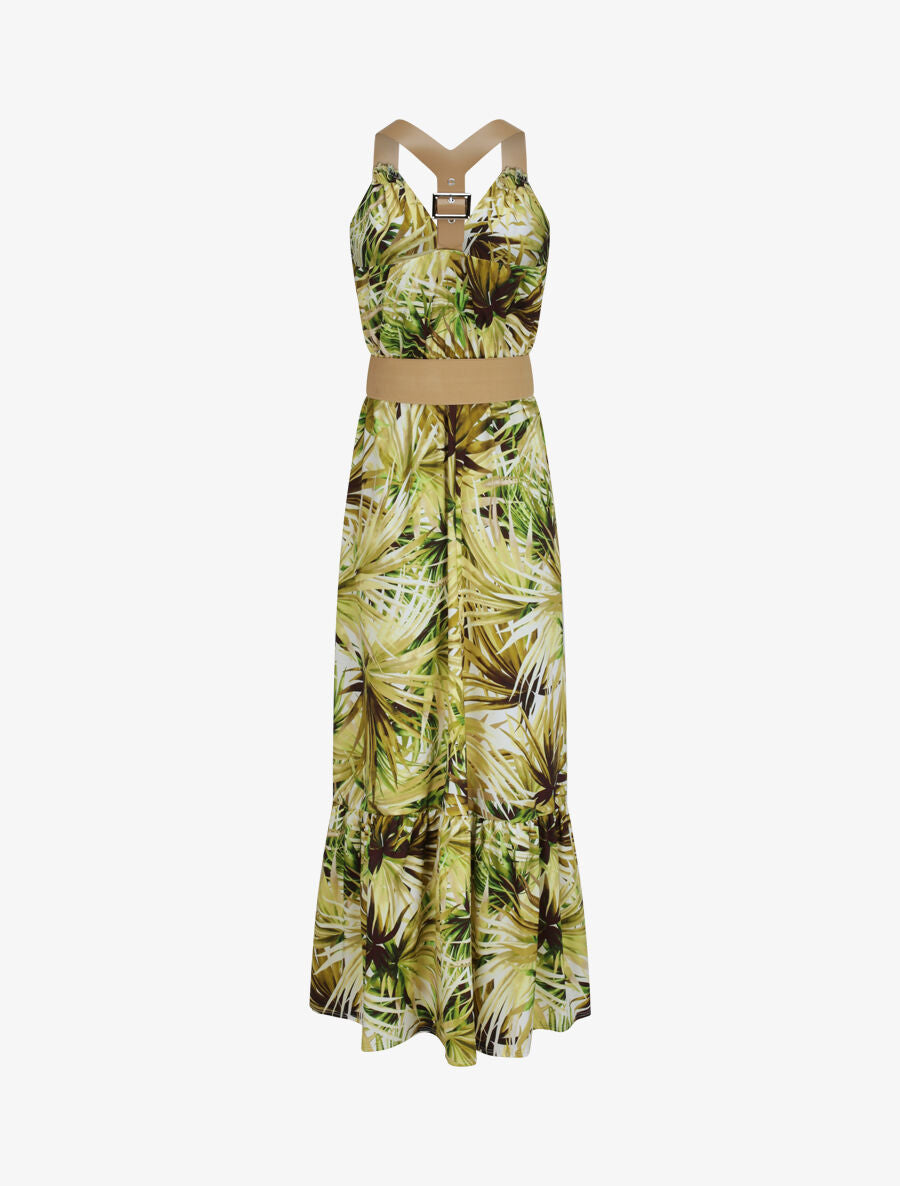 Robe longue coupe patineuse imprimé feuilles tropicales à bretelles en simili - Blanc - 2