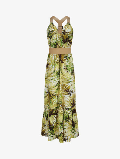 Robe longue coupe patineuse imprimé feuilles tropicales à bretelles en simili - Blanc - 2