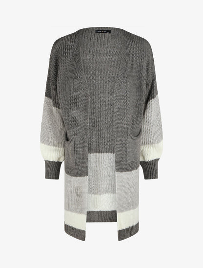 Gilet long rayé manches longues - Gris - 1
