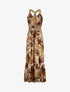 Robe longue coupe patineuse imprimé feuilles tropicales à bretelles en simili - Marron - 1