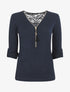 Pull droit uni à zip et dentelle - Marine - 1