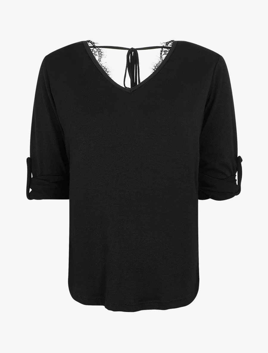 Pull droit dos en V et dentelle - Noir - 4
