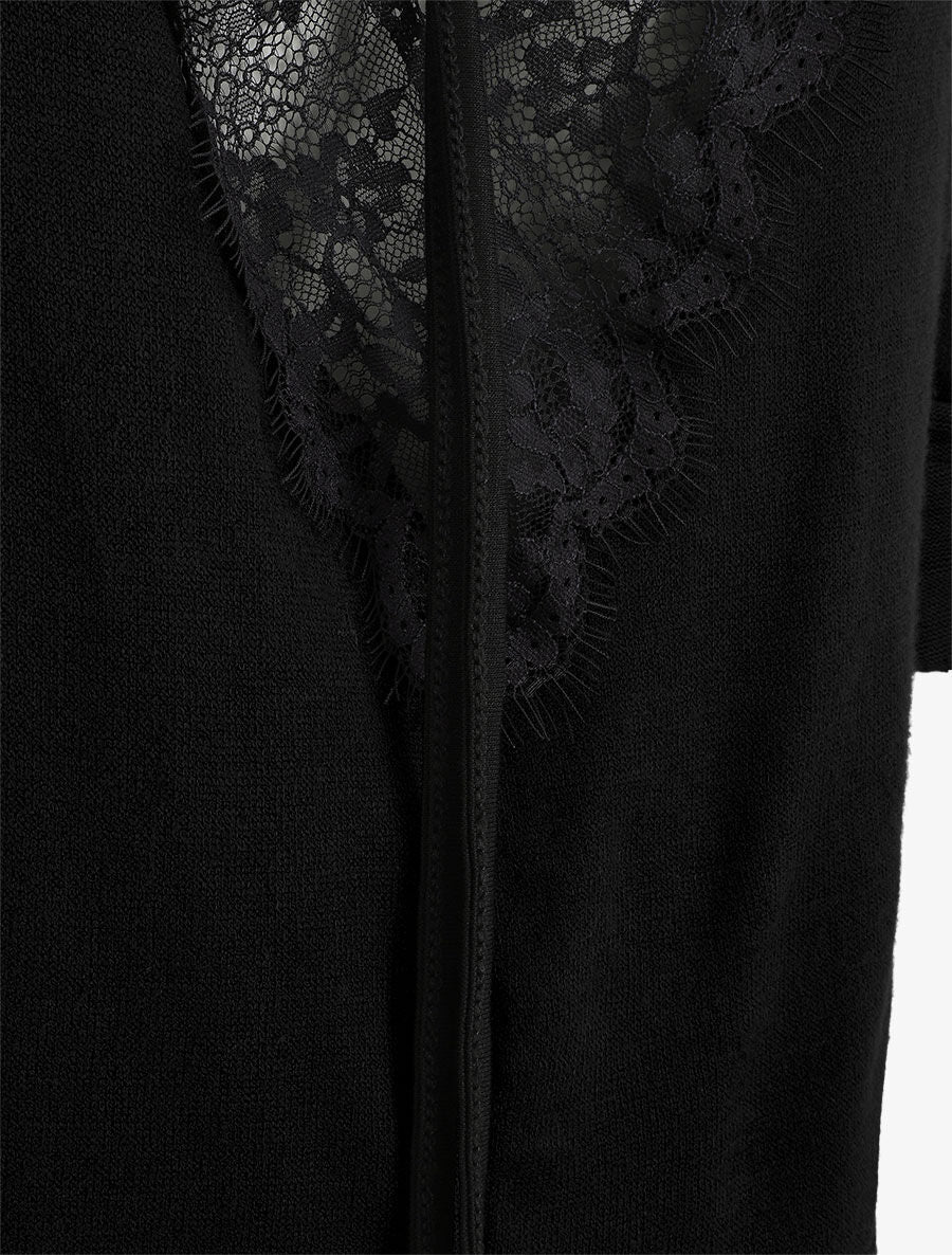 Pull droit dos en V et dentelle - Noir - 3