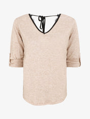 Pull droit dos en V et dentelle - Camel - 1