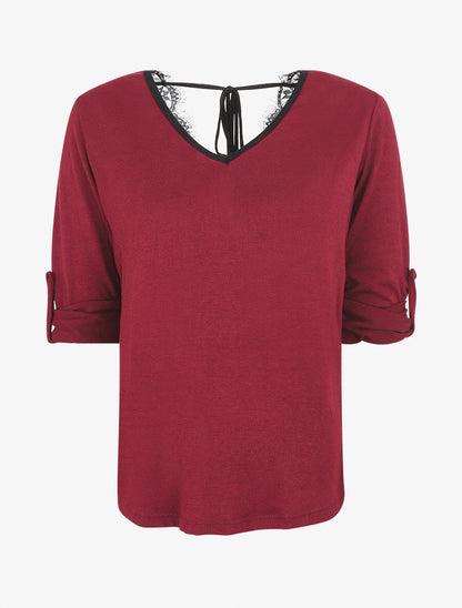 Pull droit dos en V et dentelle - Bordeaux - 1