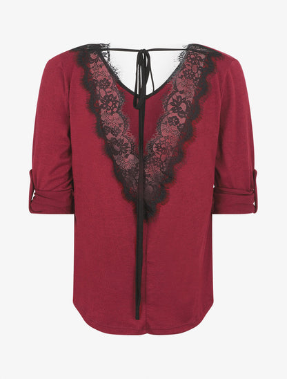 Pull droit dos en V et dentelle - Bordeaux - 2