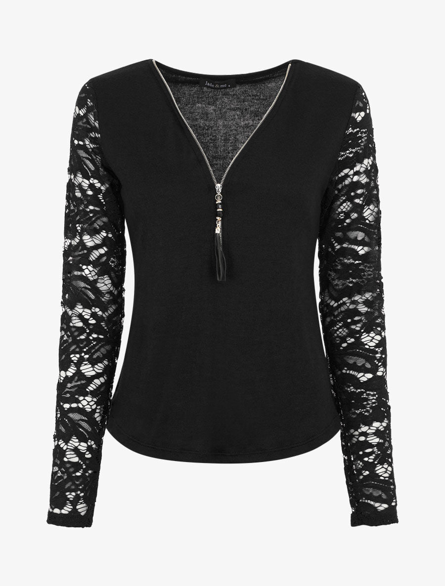 Pull droit uni manches en dentelle - Noir - 1