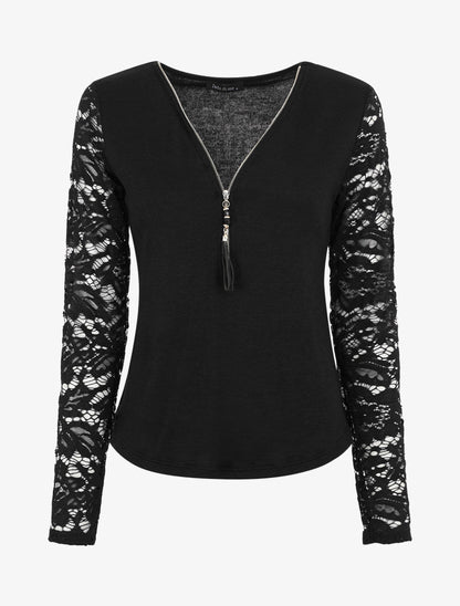 Pull droit uni manches en dentelle - Noir - 1