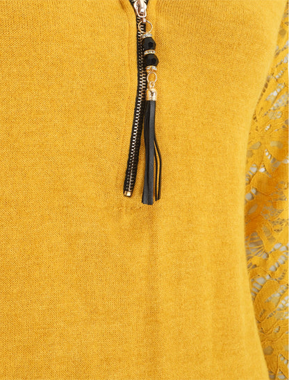 Pull droit uni manches en dentelle - Jaune - 3