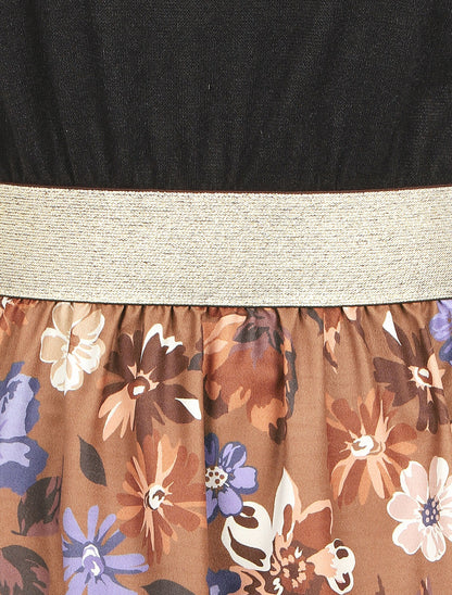 Robe évasée bi-matière imprimé champêtre - Marron - 3