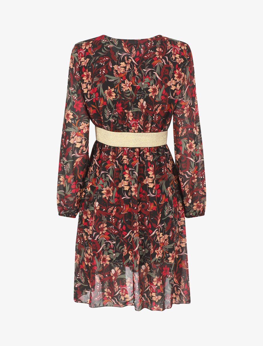 Robe imprimé fleuri à bande dorée - Noir - 2