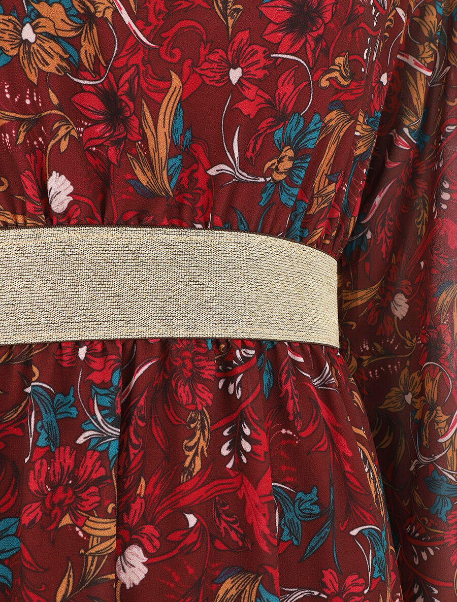 Robe imprimé fleuri à bande dorée - Bordeaux - 3