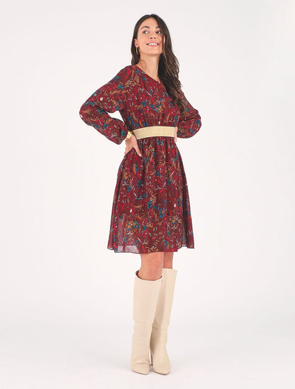 Robe imprimé fleuri à bande dorée - Bordeaux - 4