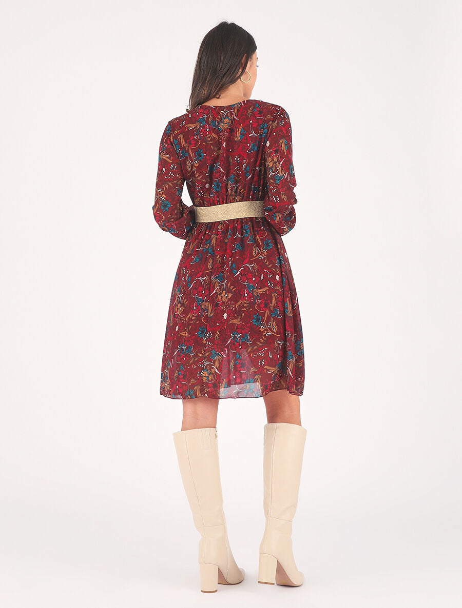 Robe imprimé fleuri à bande dorée - Bordeaux - 5