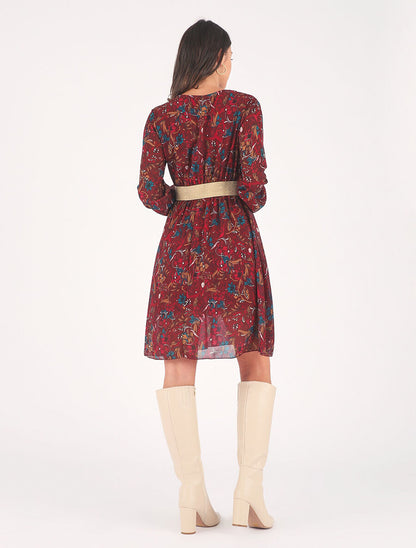 Robe imprimé fleuri à bande dorée - Bordeaux - 5