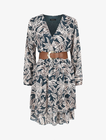 Robe mi-longue motif feuilles - Bleu - 3