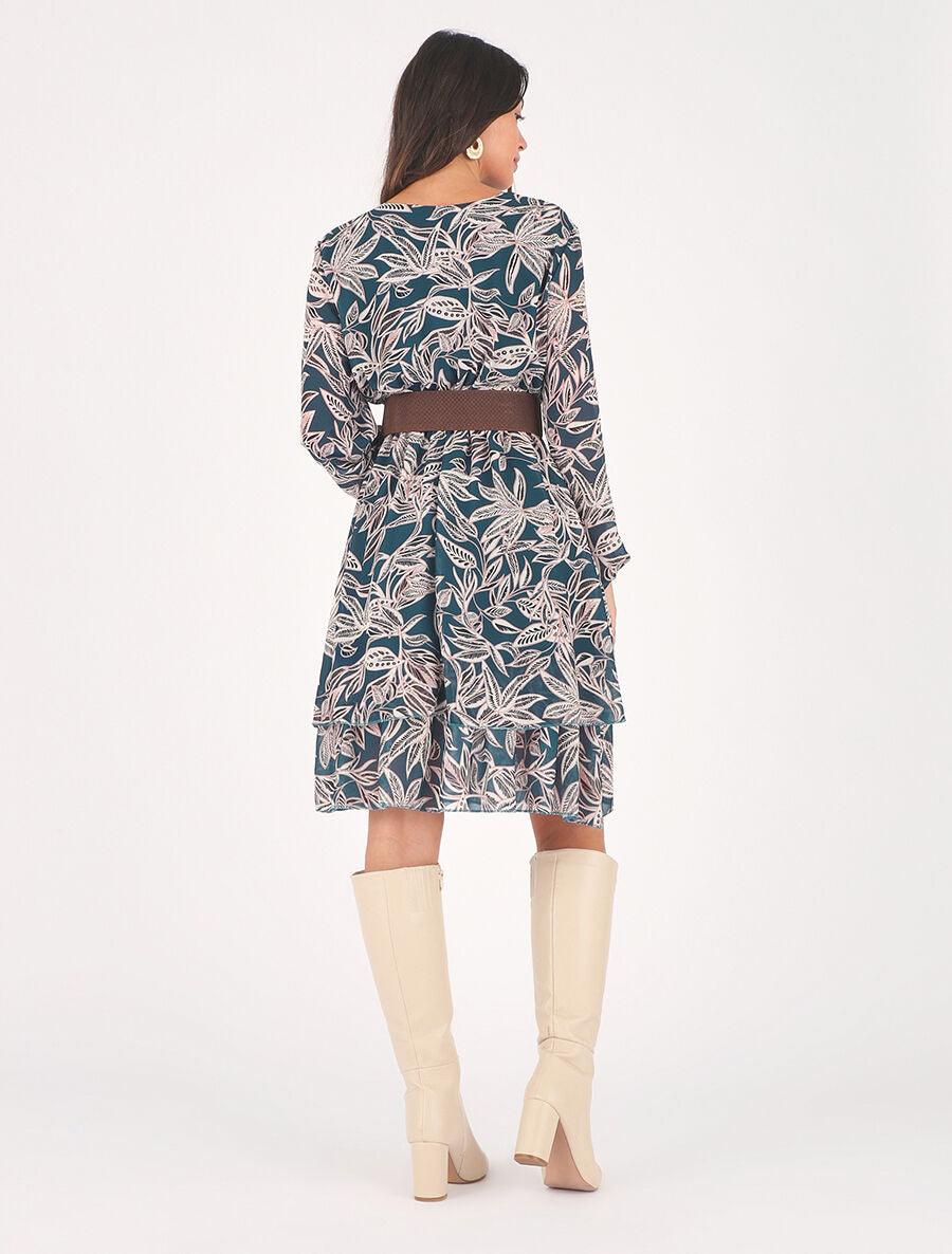 Robe mi-longue motif feuilles - Bleu - 2