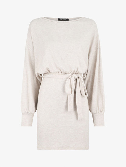 Robe courte unie manches longues - Beige - 1