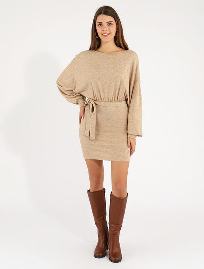 Robe courte unie manches longues - Camel - 4