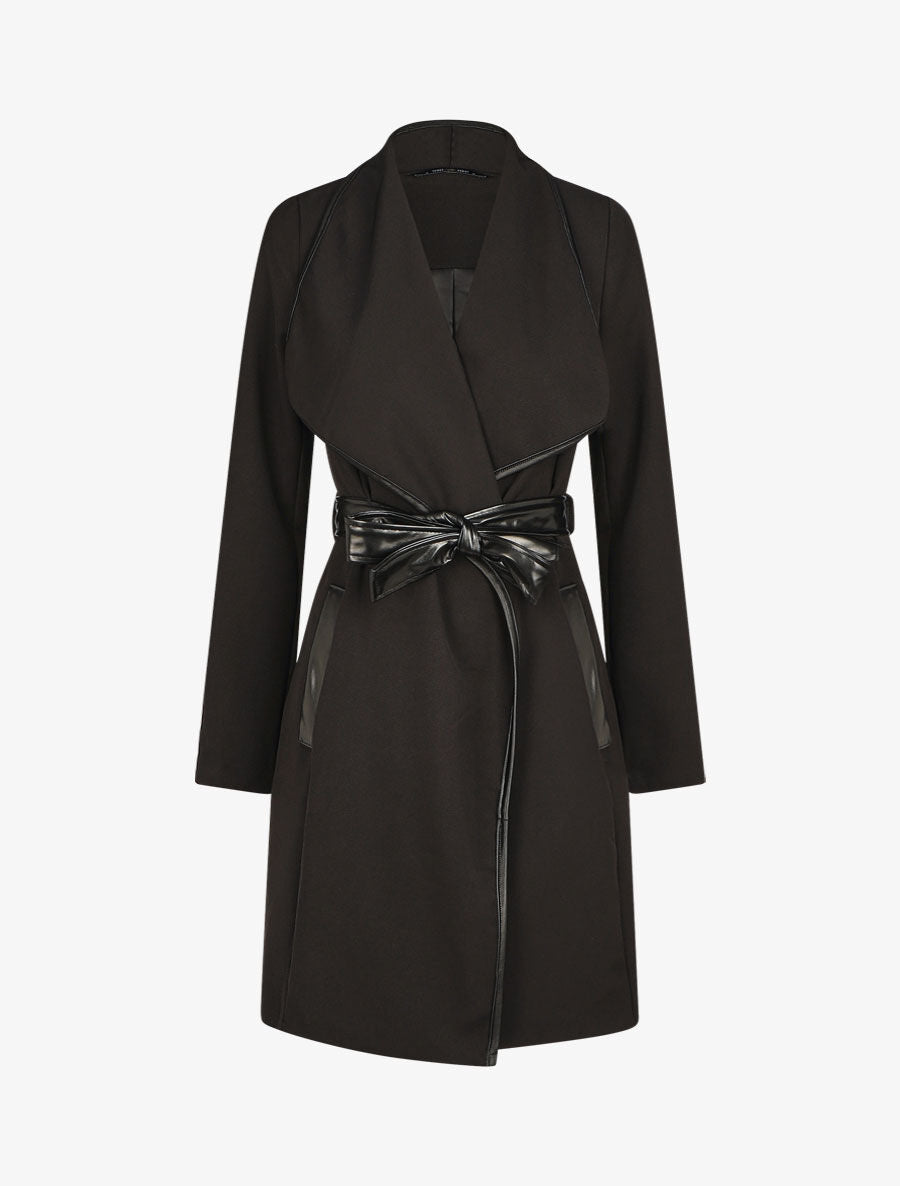 Veste longue coupe droite col cascade - Noir - 4