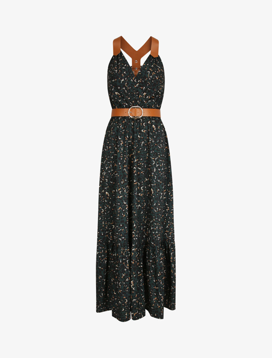 Robe longue coupe patineuse imprimé léopard à bretelles en simili - Vert foncé - 5