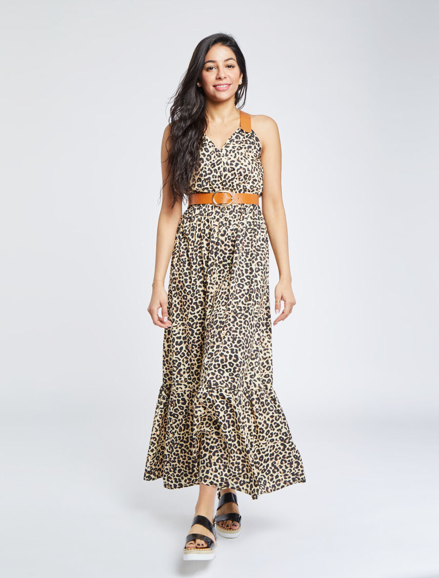 Robe longue coupe patineuse imprimé léopard à bretelles en simili - Beige - 5