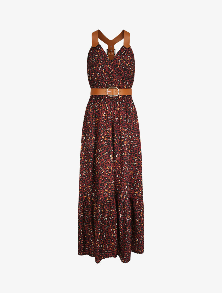 Robe longue coupe patineuse imprimé léopard à bretelles en simili - Bordeaux - 5