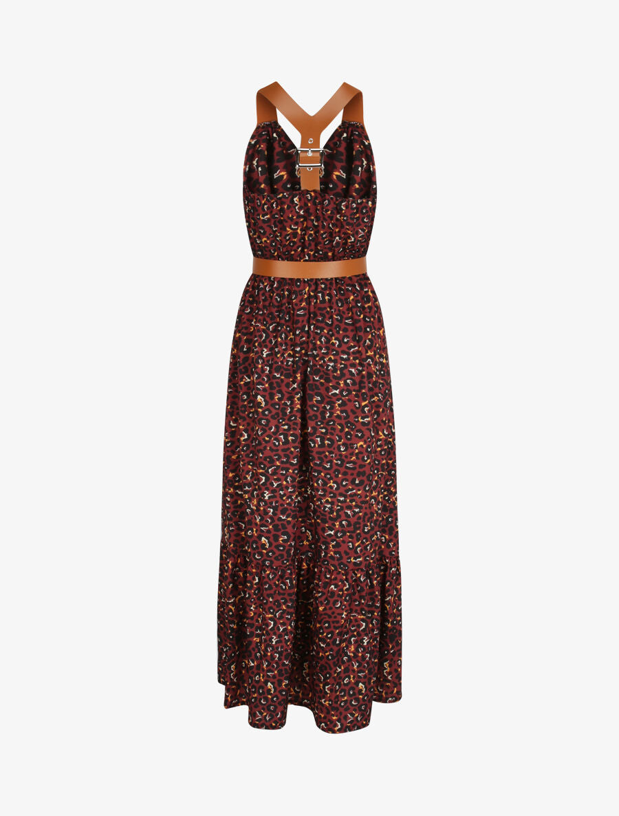 Robe longue coupe patineuse imprimé léopard à bretelles en simili - Bordeaux - 2