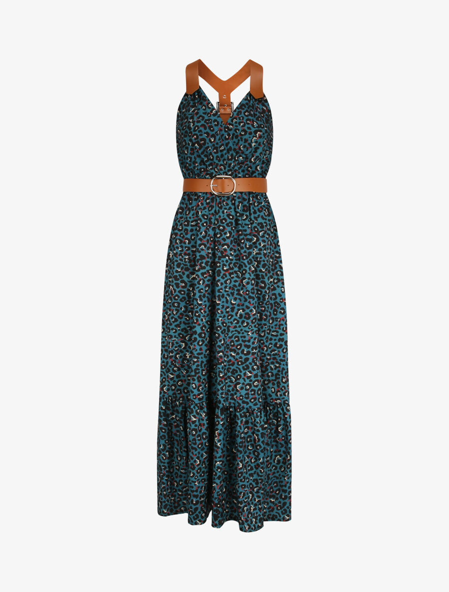Robe longue coupe patineuse imprimé léopard à bretelles en simili - Bleu canard - 1