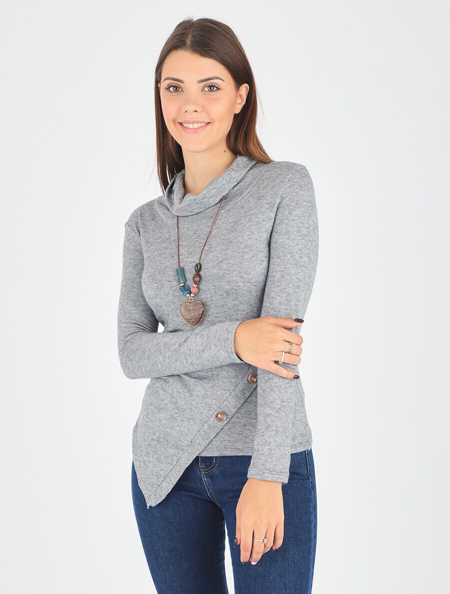 Pull fin asymétrique à col roulé - Gris - 4