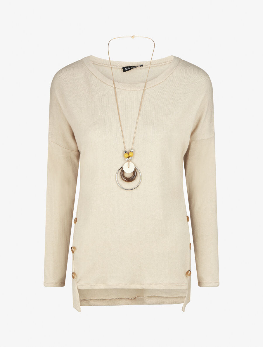Pull fin uni à col rond - Beige - 1