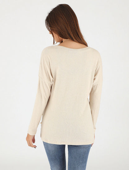 Pull fin uni à col rond - Beige - 5